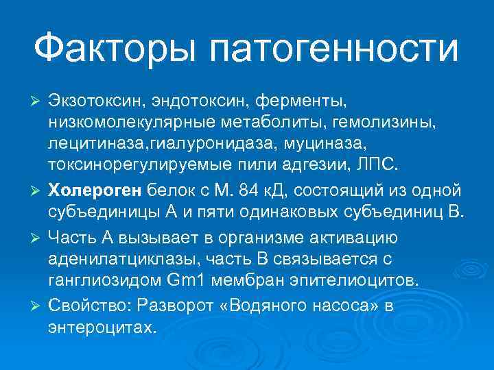 Факторы патогенности Экзотоксин, эндотоксин, ферменты, низкомолекулярные метаболиты, гемолизины, лецитиназа, гиалуронидаза, муциназа, токсинорегулируемые пили адгезии,