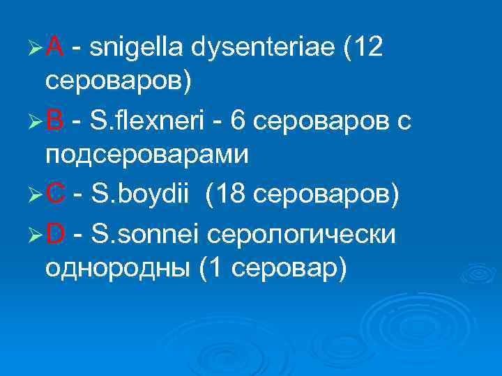 Ø А - snigella dysenteriae (12 сероваров) Ø В - S. flexneri - 6