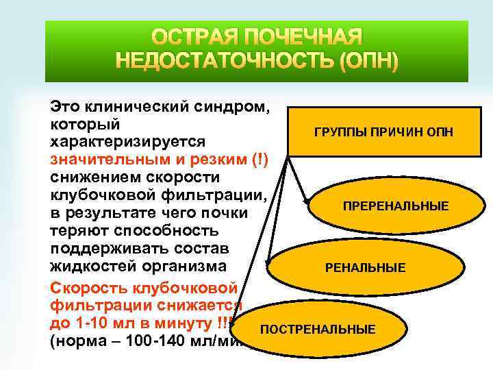 ОСТРАЯ ПОЧЕЧНАЯ НЕДОСТАТОЧНОСТЬ (ОПН) Это клинический синдром, который ГРУППЫ ПРИЧИН ОПН характеризируется значительным и