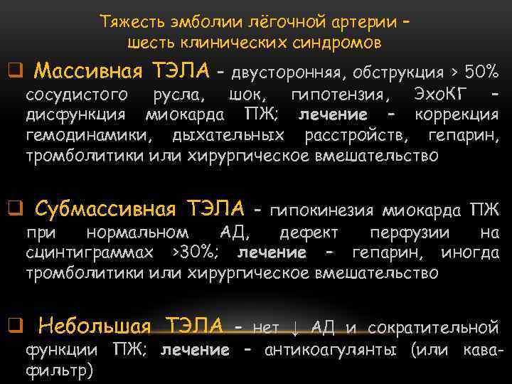 Тяжесть эмболии лёгочной артерии – шесть клинических синдромов q Массивная ТЭЛА – двусторонняя, обструкция