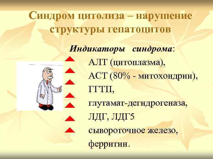 Синдром цитолиза – нарушение структуры гепатоцитов Индикаторы синдрома: АЛТ (цитоплазма), АСТ (80% - митохондрии),