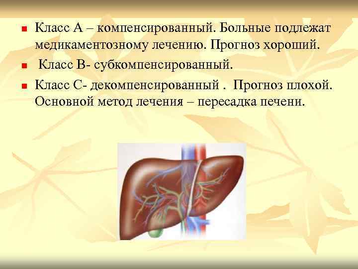 n n n Класс А – компенсированный. Больные подлежат медикаментозному лечению. Прогноз хороший. Класс