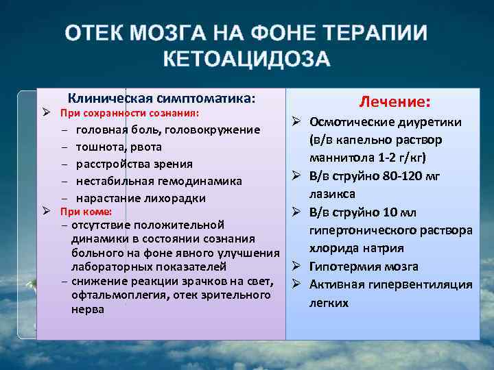 ОТЕК МОЗГА НА ФОНЕ ТЕРАПИИ КЕТОАЦИДОЗА Клиническая симптоматика: Ø При сохранности сознания: Лечение: Ø