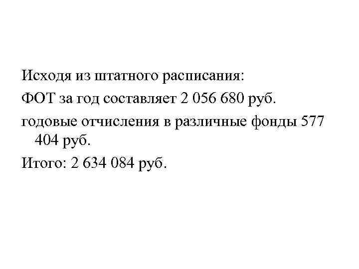 Исходя из штатного расписания: ФОТ за год составляет 2 056 680 руб. годовые отчисления