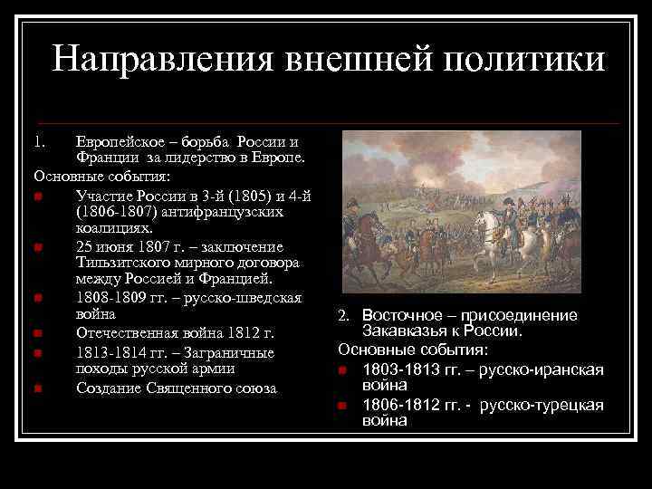 Направления внешней политики 1. Европейское – борьба России и Франции за лидерство в Европе.