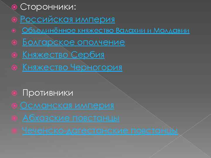 Сторонники: Российская империя Объединённое княжество Валахии и Молдавии Болгарское ополчение Княжество Сербия Княжество Черногория