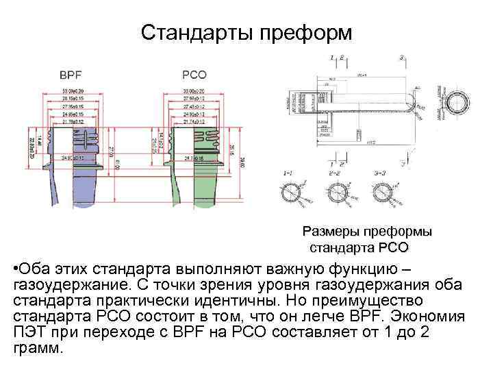 Стандарты преформ Размеры преформы стандарта РСО • Оба этих стандарта выполняют важную функцию –