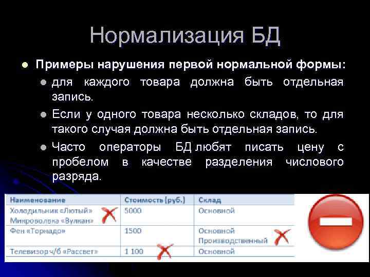 Нормализация БД l Примеры нарушения первой нормальной формы: l для каждого товара должна быть
