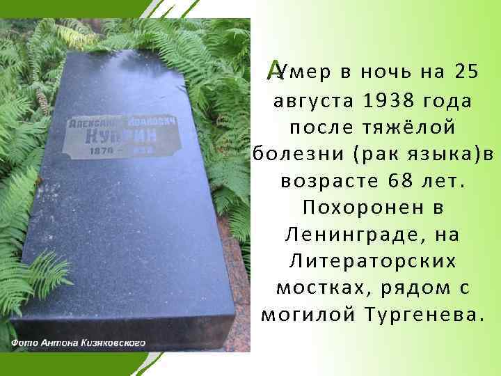 Умер в ночь на 25 августа 1938 года после тяжёлой болезни (рак языка)в возрасте