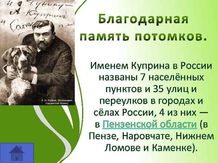 Именем Куприна в России названы 7 населённых пунктов и 35 улиц и переулков в