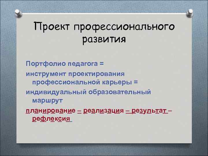 Проект профессионального развития Портфолио педагога = инструмент проектирования профессиональной карьеры = индивидуальный образовательный маршрут