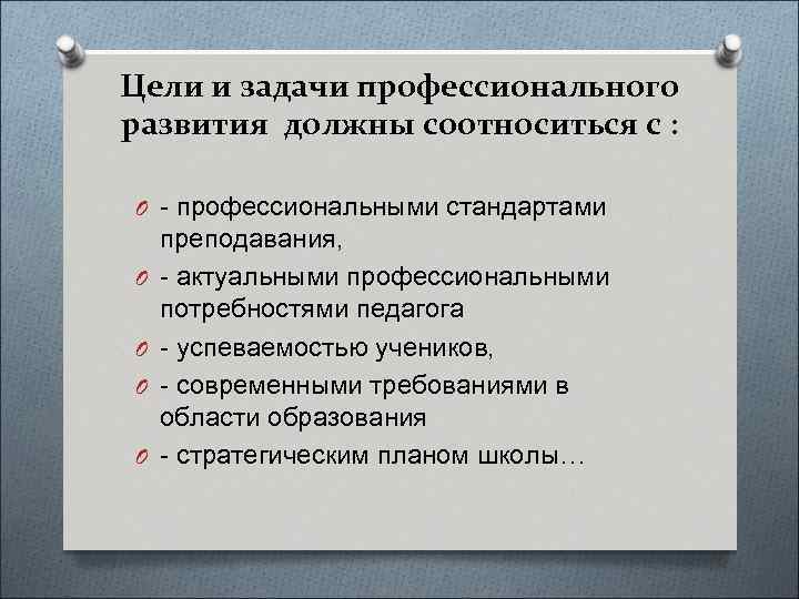 Цели и задачи профессионального развития должны соотноситься с : O - профессиональными стандартами O