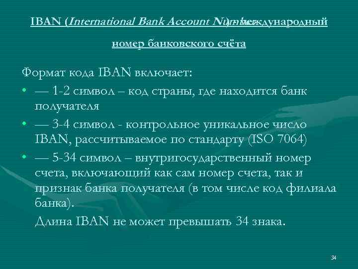 IBAN (International Bank Account Number ) - международный номер банковского счёта Формат кода IBAN