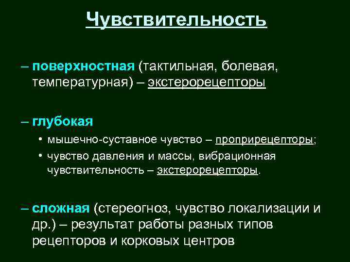 Чувствительность – поверхностная (тактильная, болевая, температурная) – экстерорецепторы – глубокая • мышечно-суставное чувство –