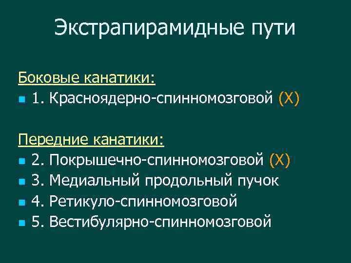 Экстрапирамидные пути Боковые канатики: n 1. Красноядерно-спинномозговой (Х) Передние канатики: n 2. Покрышечно-спинномозговой (Х)