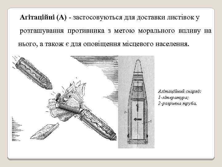 Агітаційні (А) - застосовуються для доставки листівок у розташування противника з метою морального впливу