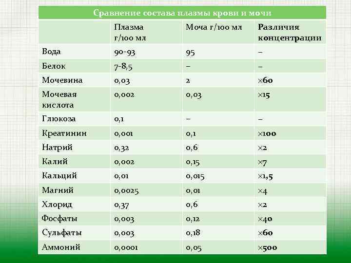 Сравнение состава плазмы крови и мочи Плазма г/100 мл Моча г/100 мл Различия концентрации