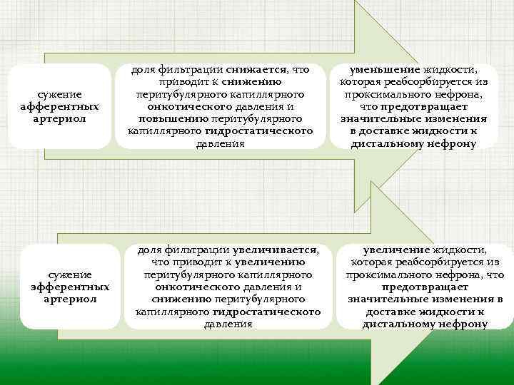 сужение афферентных артериол сужение эфферентных артериол доля фильтрации снижается, что приводит к снижению перитубулярного