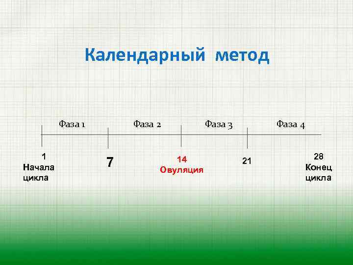 Календарный метод Фаза 1 1 Начала цикла Фаза 2 7 14 Овуляция Фаза 3