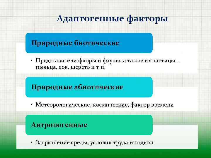 Адаптогенные факторы Природные биотические • Представители флоры и фауны, а также их частицы пыльца,