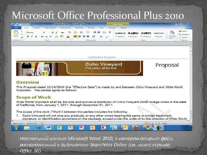Microsoft Office Professional Plus 2010 Настольный клиент Microsoft Word 2010, в котором открыт файл,