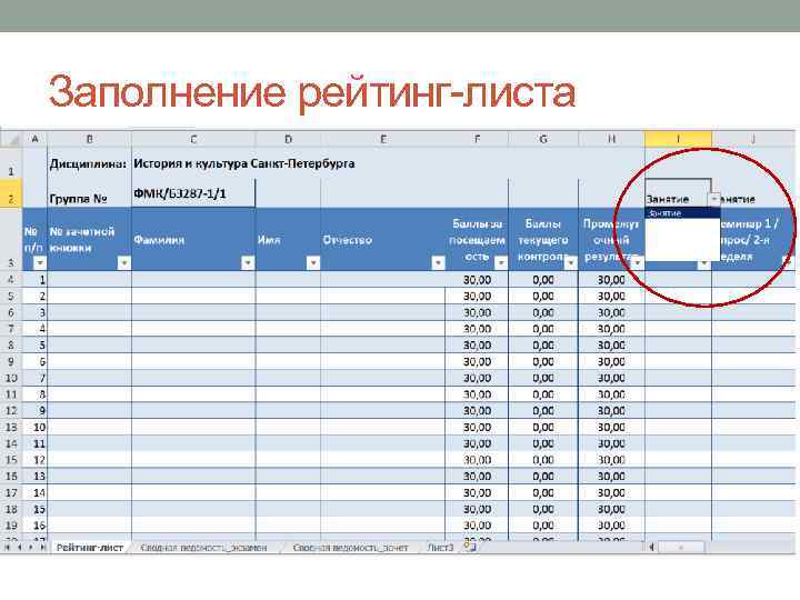 Заполнение рейтинг-листа 
