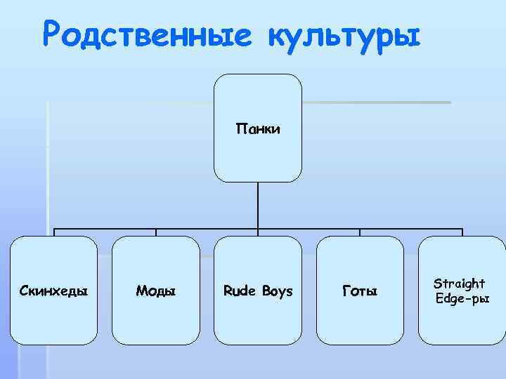 Родственные культуры Панки Скинхеды Моды Rude Boys Готы Straight Edge-ры 