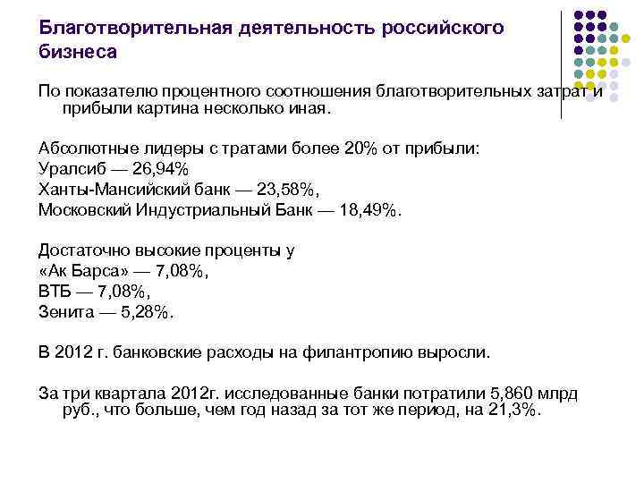 Благотворительная деятельность российского бизнеса По показателю процентного соотношения благотворительных затрат и прибыли картина несколько