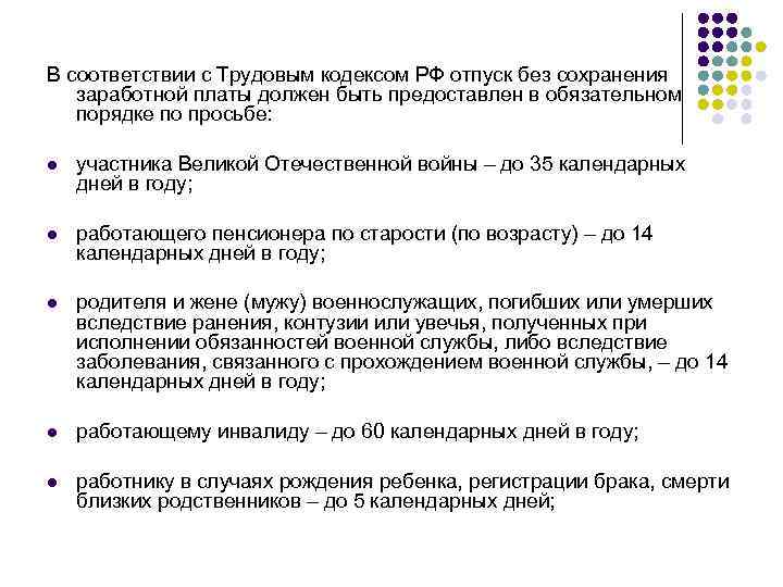 В соответствии с Трудовым кодексом РФ отпуск без сохранения заработной платы должен быть предоставлен