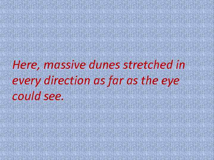 Here, massive dunes stretched in every direction as far as the eye could see.