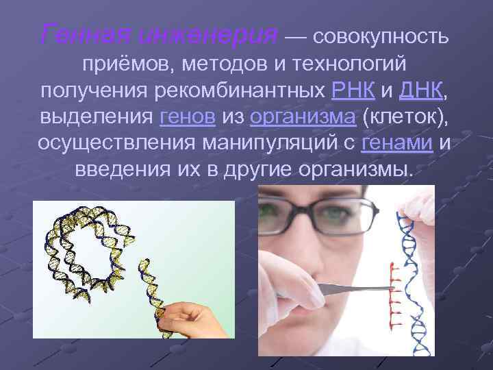 Генная инженерия — совокупность приёмов, методов и технологий получения рекомбинантных РНК и ДНК, выделения