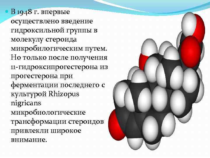  В 1948 г. впервые осуществлено введение гидроксильной группы в молекулу стероида микробилогическим путем.