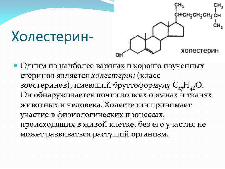 Холестерин Одним из наиболее важных и хорошо изученных стеринов является холестерин (класс зоостеринов), имеющий