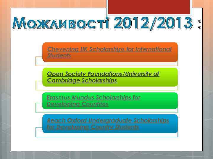 Можливості 2012/2013 : Chevening UK Scholarships for International Students Open Society Foundations/University of Cambridge