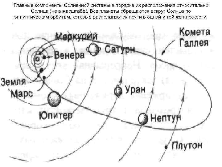 Главные компоненты Солнечной системы в порядке их расположения относительно Солнца (не в масштабе). Все