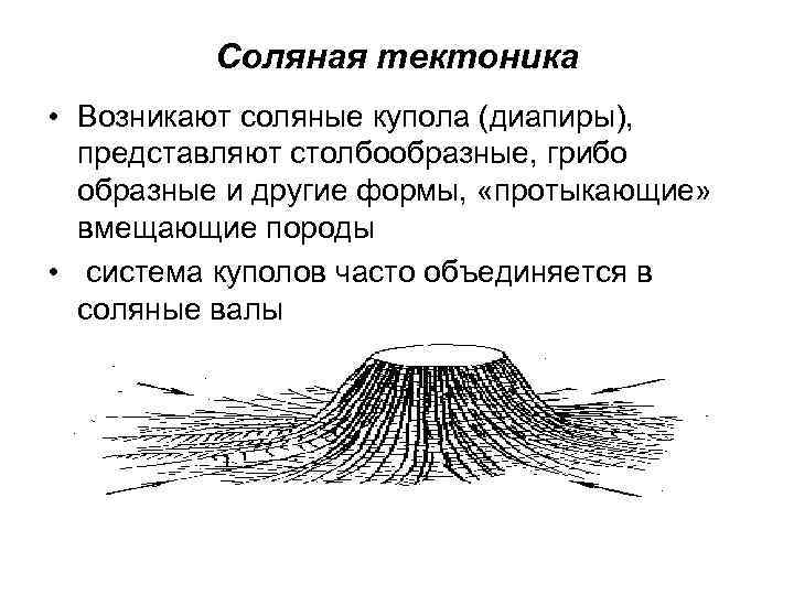 Соляная тектоника • Возникают соляные купола (диапиры), представляют столбообразные, грибо образные и другие формы,