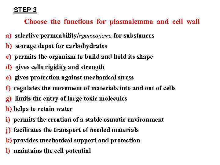 STEP 3 Choose the functions for plasmalemma and cell wall a) selective permeability/проникність for