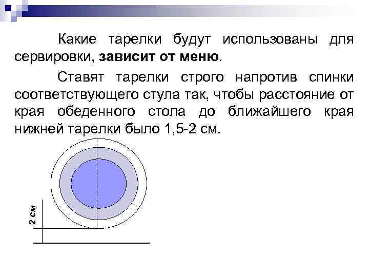 2 см Какие тарелки будут использованы для сервировки, зависит от меню. Ставят тарелки строго
