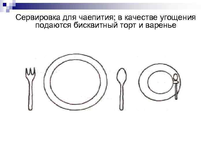 Сервировка для чаепития; в качестве угощения подаются бисквитный торт и варенье 