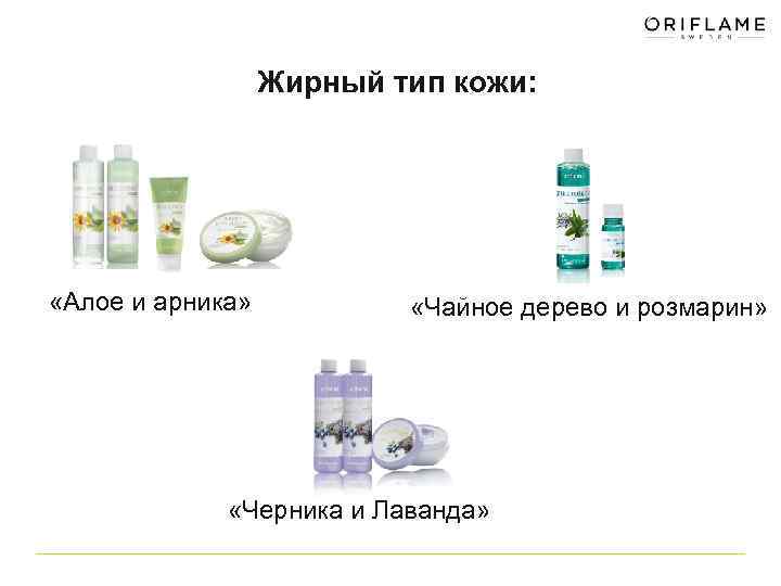 Жирный тип кожи: «Алое и арника» «Чайное дерево и розмарин» «Черника и Лаванда» 