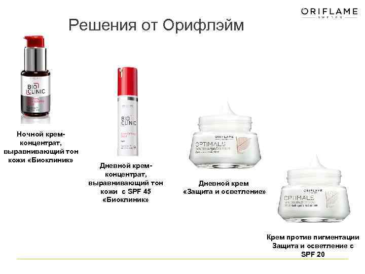 Решения от Орифлэйм Ночной кремконцентрат, выравнивающий тон кожи «Биоклиник» Дневной кремконцентрат, выравнивающий тон кожи