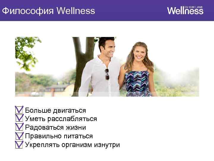 Философия Wellness Больше двигаться Уметь расслабляться Радоваться жизни Правильно питаться Укреплять организм изнутри 