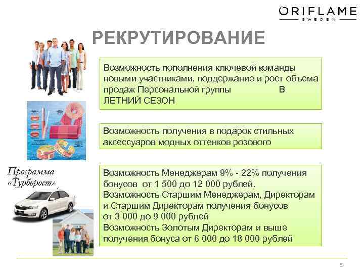 РЕКРУТИРОВАНИЕ Возможность пополнения ключевой команды новыми участниками, поддержание и рост объема продаж Персональной группы