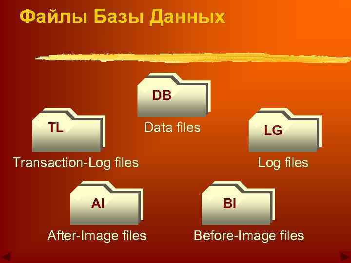 Файлы Базы Данных DB TL Data files LG Transaction-Log files AI After-Image files Log