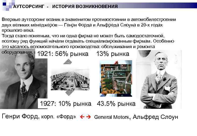 АУТСОРСИНГ - ИСТОРИЯ ВОЗНИКНОВЕНИЯ Впервые аутсорсинг возник в знаменитом противостоянии в автомобилестроении двух великих