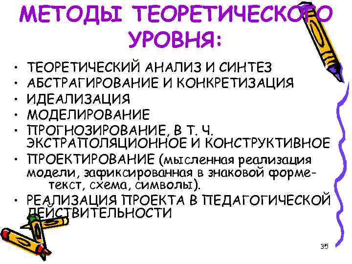 МЕТОДЫ ТЕОРЕТИЧЕСКОГО УРОВНЯ: • • • ТЕОРЕТИЧЕСКИЙ АНАЛИЗ И СИНТЕЗ АБСТРАГИРОВАНИЕ И КОНКРЕТИЗАЦИЯ ИДЕАЛИЗАЦИЯ
