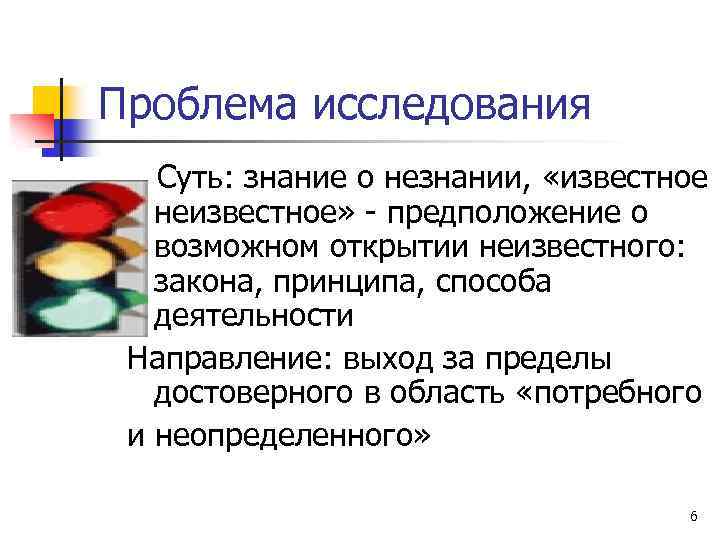 Проблема исследования Суть: знание о незнании, «известное неизвестное» - предположение о возможном открытии неизвестного: