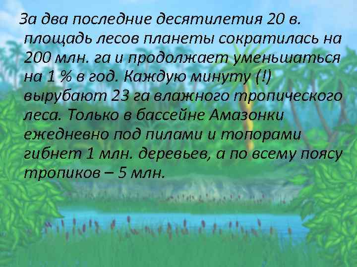 За два последние десятилетия 20 в. площадь лесов планеты сократилась на 200 млн. га