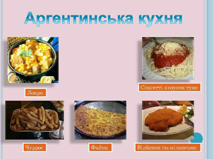 Спагетті з соусом туко Локро Чуррос Файна Відбивна по-міланськи 