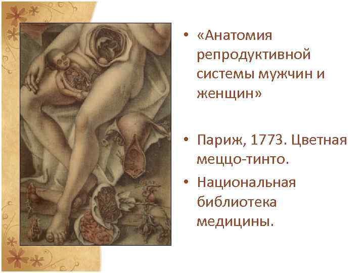  • «Анатомия репродуктивной системы мужчин и женщин» • Париж, 1773. Цветная меццо-тинто. •